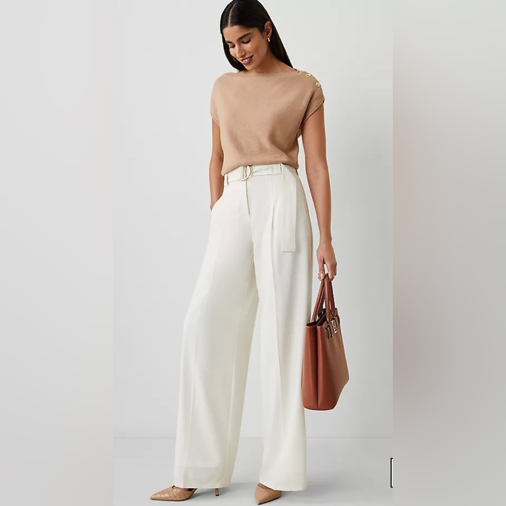 Ann Taylor Belted Wide-Leg Pant in Winter White - Picture 2 of 5